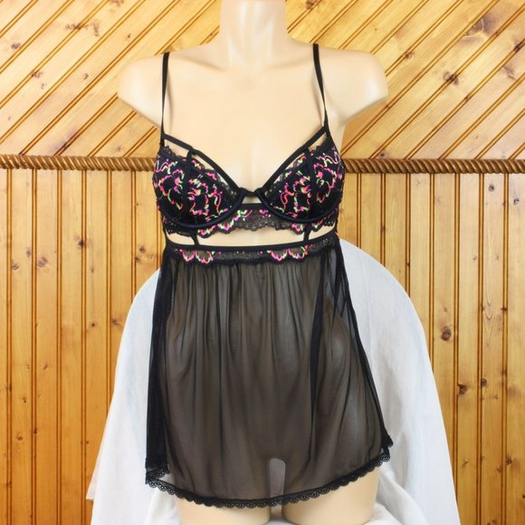 La SENZA Baby Doll Bra Neon Black Lace Medium Sheer Lined Underwire Cups b98 - Picture 2 of 6